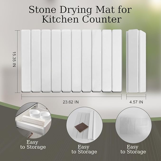 Hopegiver Stone Drying Mat for Kitchen Counter, 23.62"x15.35" Collapsible Quick Dry Dish Drying Mat, Super Absorbent Diatomaceous Earth Mat for Dishes Bottles Cups Bathroom, White with Sanding Block