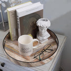 MAONAME 13" Round Decorative Tray, Plastic Tray with Handles, Coffee Table Trays, Serving Trays for Ottoman, Bathroom, Kitchen (Multicolored Wooden Sticker)