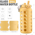 MUKOKO 64oz Glass Water Bottles with Straw and Lid,Half Gallon Water Bottle with Time Marker,Large Glass Water Jug with Silicone Sleeve and Stainless Steel Handle-Yellow