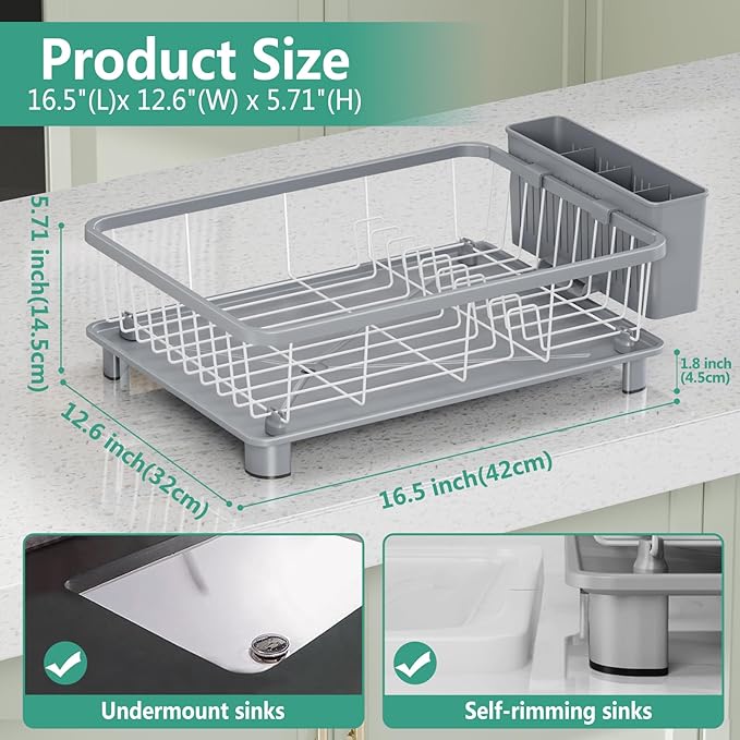 Dish Drying Rack - Space-Saving Dish Rack,Dish Racks for Kitchen Counter with Drainboard, Rustproof Dish Drainer with a Removable 4-Compartment Utensil Holder,Gray