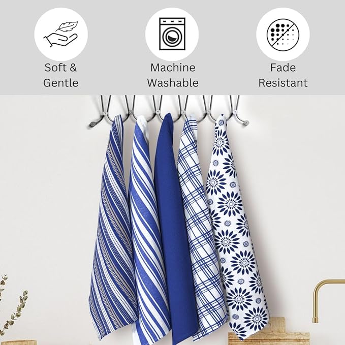 Assorted Kitchen Towels Large 16x26 Inch 100% Cotton Set of 5 - Dish Cloths Towels with Hanging Loop - Soft Absorbent Washable Tea Towels for Kitchen - Quick Drying Dish Towels Navy Blue