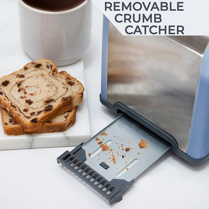 Rae Dunn Toaster, Stainless Steel 2 Slice Square Toaster, Wide Slot with 5 Browning Levels, with Bagel, Defrost and Cancel Options (Navy)