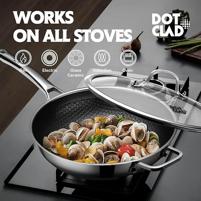 Wok pan,Hybrid 13 inch Wok with Lid, PFOA Free Cookware,non stick Stainless Steel Woks & Stir-fry pans Nonstick, Dishwasher and Oven Safe, Works on Induction