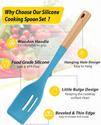 Pack of 2 Large Silicone Cooking Spoons, Heat Resistant Non Stick Kitchen Utensils with Wooden Handle, Ideal for Mixing, Stirring, Serving, Cooking(BLUE)
