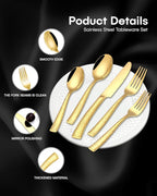 EUIRIO Hammered Gold Silverware Set, 48-Piece Stainless Steel Flatware Set for 8, Shiny Gold Utensils Cutlery for Home Hotel, Forks, Spoons and Knives Set, Dishwasher Safe