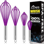 HOTEC 4 Pieces Silicone Whisks Set, Wire Balloon Whisks Egg Beater, Non-slip Handle Whisk for Non-stick Cookware Perfect for Cooking, Stirring, Beating and Blending (Purple)
