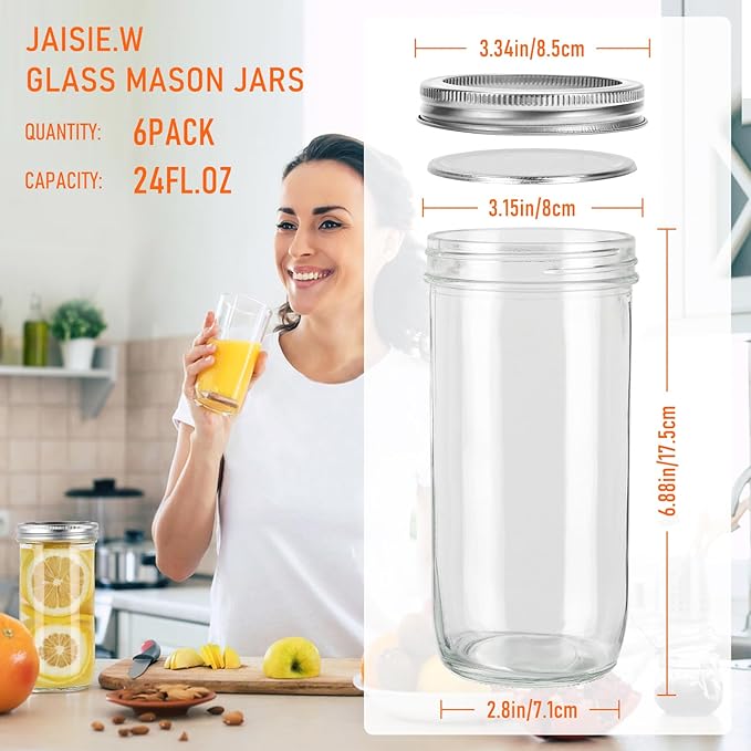 24 oz Wide Mouth Mason Jars 6pack, Glass Tall Mason Jars 24 oz with Airtight lids and Bands for Canning, Preserving, Fermenting, Pickling, DIY Projects (24 fl. oz, Set of 6)