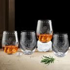 Joeyan Hand Blown Etched Stemless Wine Glasses,Carved Red and White Wine Tumbler with Floral Pattern,Clear Drinking Glass Cups,Glassware for Birthday Party Anniversary,19 oz,Set of 4,Dishwasher Safe