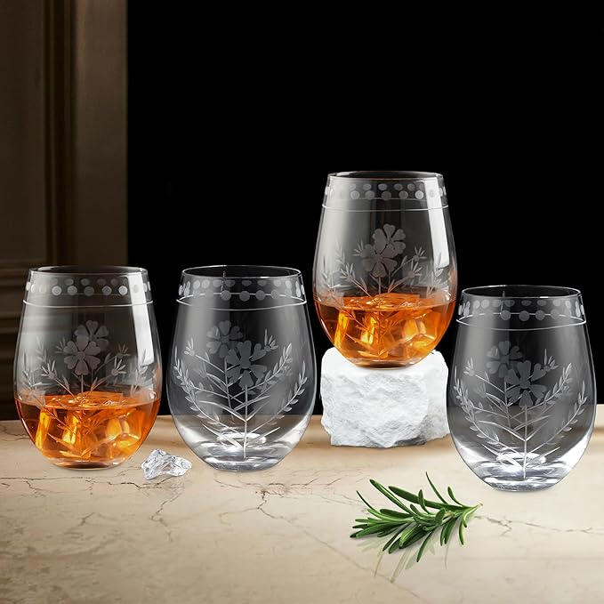 Joeyan Hand Blown Etched Stemless Wine Glasses,Carved Red and White Wine Tumbler with Floral Pattern,Clear Drinking Glass Cups,Glassware for Birthday Party Anniversary,19 oz,Set of 4,Dishwasher Safe