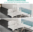 2 Tier Large Dish Drying Rack - Extendable Dish Rack, 2-in-1 Anti-Rust Stainless Steel Dishrack for Kitchen Counter and Sink, Dish Strainer with Utensil Holder & Cup Holder(White)