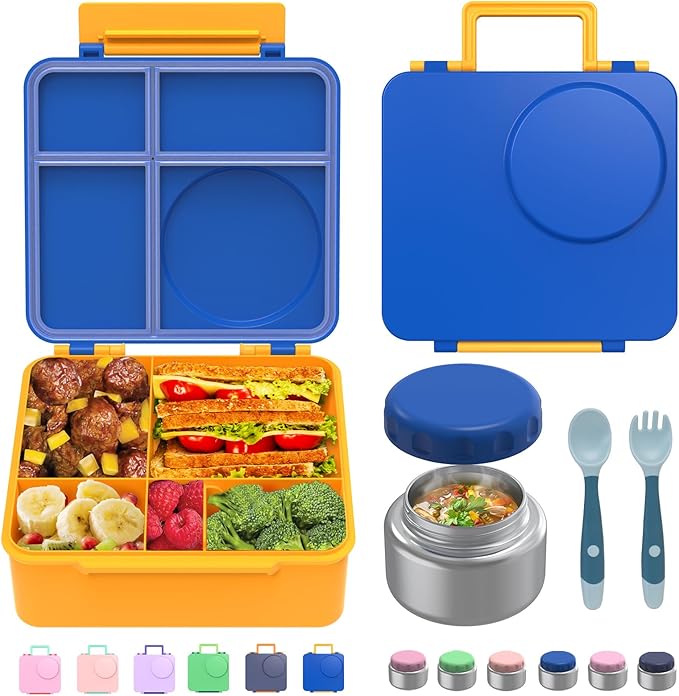 Bento Box for Kids - Leak-Proof Lunch Box with Insulated Thermos Food Jar - 4 Compartments, 1 Removable Divider, 1Spoon, 1 Fork - Dishwasher Safe, BPA-Free (Blue)