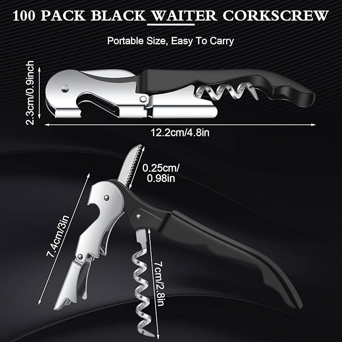 Waiter Corkscrew Wine Openers Heavy Duty Hinges Wine Key Bottle Opener All in One Double Hinged Waiter's Corkscrew with Foil Cutter Wine Tools for Bartenders Servers Sommelier (Black, 100 Pack)
