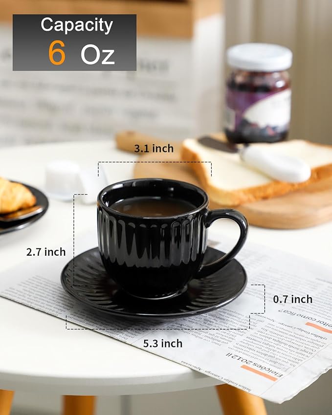 Hasense 6 Oz Cappuccino Cups with Saucers Ceramic, Ribbed Espresso Cups Set of 4 for Coffee,Tea,Latte and Macchiato, Aesthetic Gift for Anniversary or Holiday, Black
