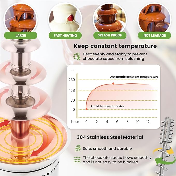 Commercial Chocolate Fountain 6-Tier 13Lbs Large Chocolate Fondue Tower Stainless Steel Hot Chocolate Waterfall Machine Easy Assembly for Nacho Cheese BBQ Sauce Ranch Liqueurs Digital-control