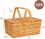 Picnic Basket Set for 4 Persons, Woven Woodchip Basket with Folding Handles & Lid, Blue and White Gingham Lining Basket Set with Utensils Cutlery - Perfect for Picnic, Camping, Valentine Day, Outdoor