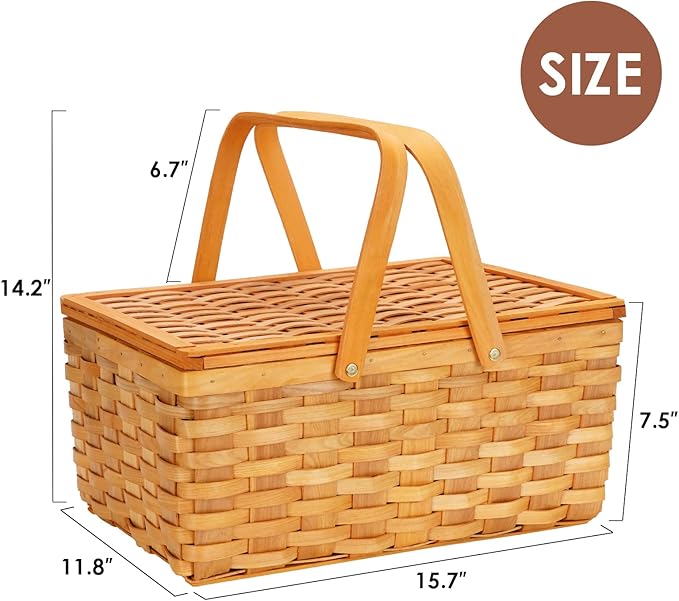 Picnic Basket Set for 4 Persons, Woven Woodchip Basket with Folding Handles & Lid, Blue and White Gingham Lining Basket Set with Utensils Cutlery - Perfect for Picnic, Camping, Valentine Day, Outdoor