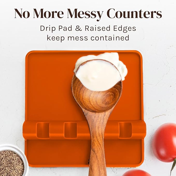Silicone Spoon Rest for Stove Top with Drip Pad (Two Pack) - Heat Resistant BPA Free Utensil Rest & Spoon Holder for Kitchen Counter - Grill Utensil Holder - Spatula Holder, Tongs, Ladle