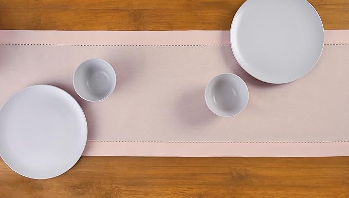 Solino Home Pink Hemstitch Table Runner 48 Inches - Cotton Linen Small Table Runner 14 x 48 Inch Ideal for Dresser and Coffee Tables - Summer, Fall, Autumn, Halloween