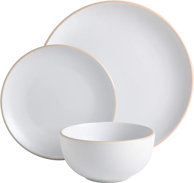 Gibson Home Rockaway 12-Piece Round Stoneware Dinnerware Set, Service for 4 – White Plates and Bowls, Modern Matte Finish, Microwave & Dishwasher Safe