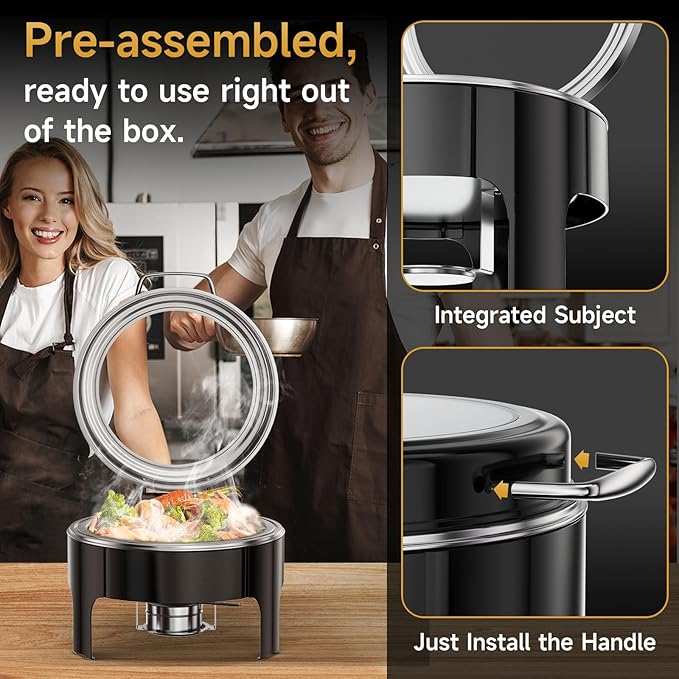 Chafing Dishes for Buffet, 6QT Round Stainless Steel Chafing Dish with Transparent Hydraulic Lid, 304 Food Pan, Buffet Warmer for Parties and Events (Black)