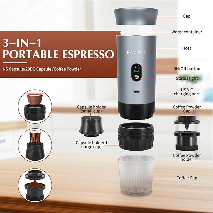 3-in-1 Portable Espresso Machine for Travel & Camping- 20 Bar Self-Heating Portable Coffee Maker with USB-C LED Display Car Coffee Maker, Compatible with Grounds&Capsules(Ns&DG) for RV,Hiking (Silver)