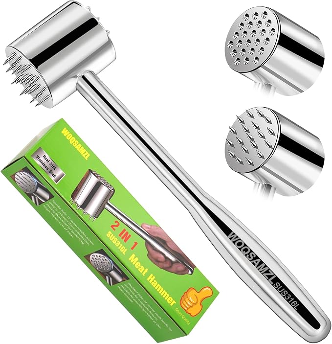 2-in-1 Meat Tenderizer Mallet,Real 316L Stainless Steel Meat Hammer,Dual-sided Meat Tenderizer Tool with Sharp Spikes and Convex Studs,Heavy Duty Well-balanced 1.09LB,Kitchen Pounder,Dishwasher Safe