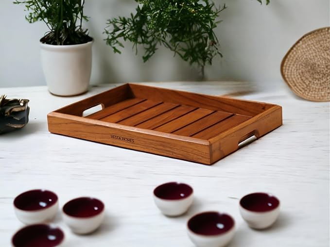 Large Teak Wood Serving Tray for Home, Kitchen, Breakfast, Restaurant, Office Organizer, Dining Table | Premium Wooden Tray |15 * 10 * 1.5 Inches | Handmade in India