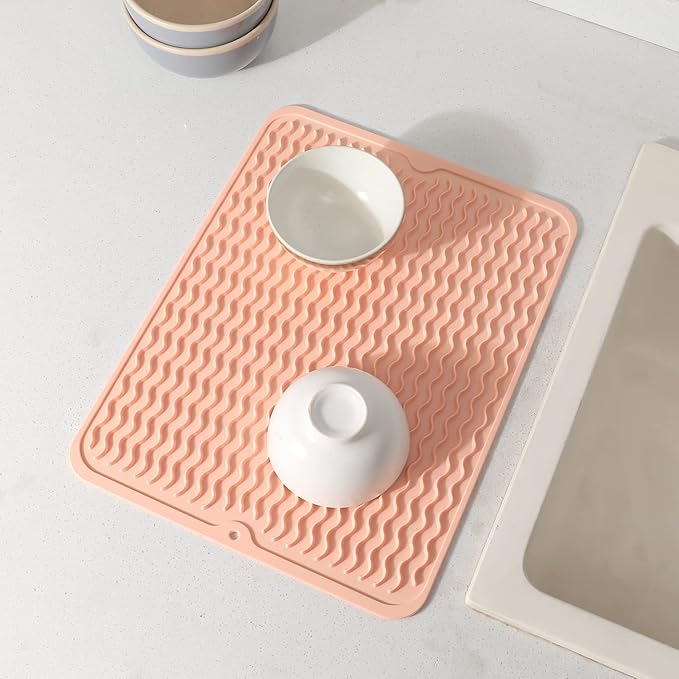 Silicone Dish Drying Mat for Multiple Usage,Easy clean,Eco-friendly,Heat-resistant Silicone Mat for Kitchen Counter or Sink,Refrigerator or drawer liner Pink L 16 inches x 12 inches