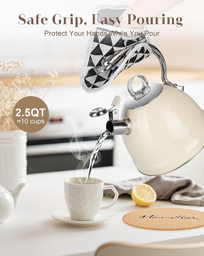 Harriet Tea Kettle Stovetop, 2.5 Quart Whistling Stainless Steel Tea Pot, 3-Layer Base, Unique Ergonomic Handle, Includes Pot Holder & Mat, Electric/Induction/Gas Stovetops Applicable, Beige White