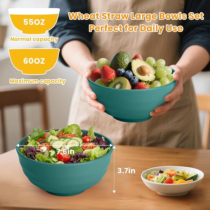 Homienly Large Bowls for Eating: Set of 8 Unbreakable 60oz Wheat Straw Bowls, Non-Plastic & Microwave Safe for Everyday Salad, Soup & Oatmeal (Green)