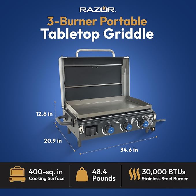 Razor Griddle Gas Grill & Griddle for Backyard Cooking and Camping, Portable Tabletop Stove