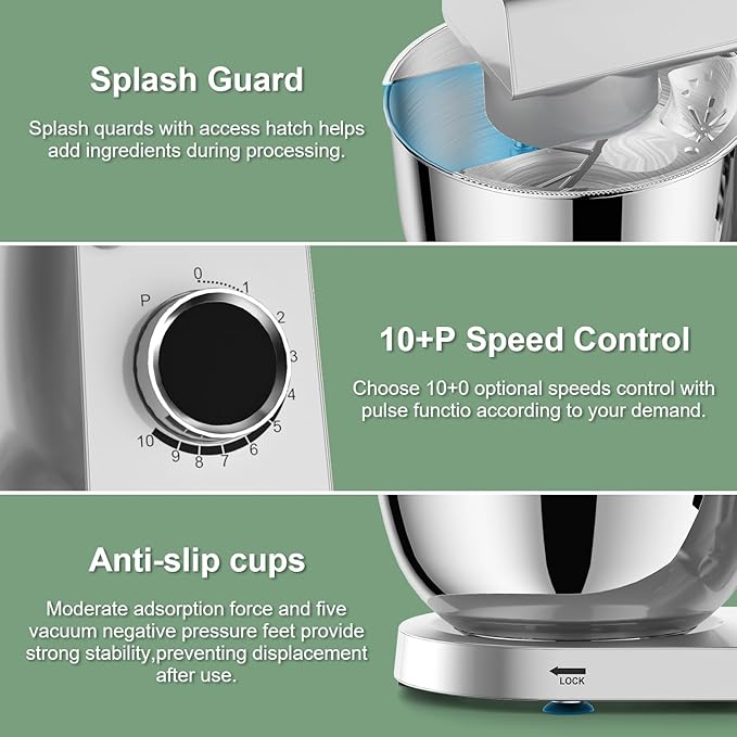 HOWORK Stand Mixer,10+p Speeds With 5.5QT Stainless Steel Bowl,Dough Hook, Wire Whip & Beater,for Most Home Cooks,Silver