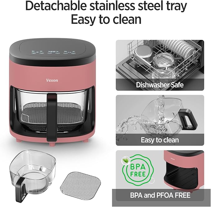 6-IN-1 Glass Air Fryer,4.5QT Air Fryer with Viewing Glass Pot, Air Fry, Dehydrate, Air Crisp Technology,Nonstick & Dishwasher Safe Basket,97% Less Oil,Features Digital Timer (Pink)