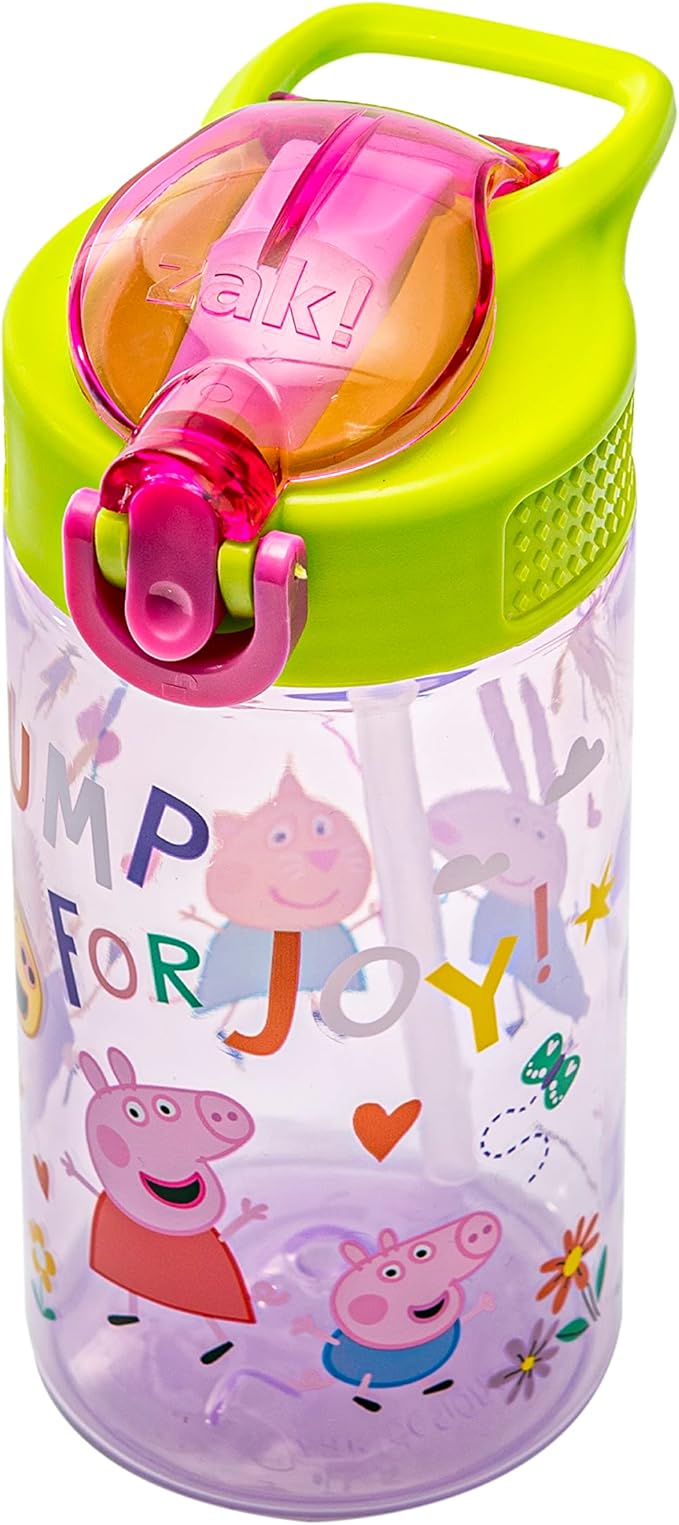 Zak Designs Peppa Pig Kids Water Bottle For School or Travel, 16oz Durable Plastic Water Bottle With Straw, Handle, and Leak-Proof, Pop-Up Spout Cover (Peppa & Friends)