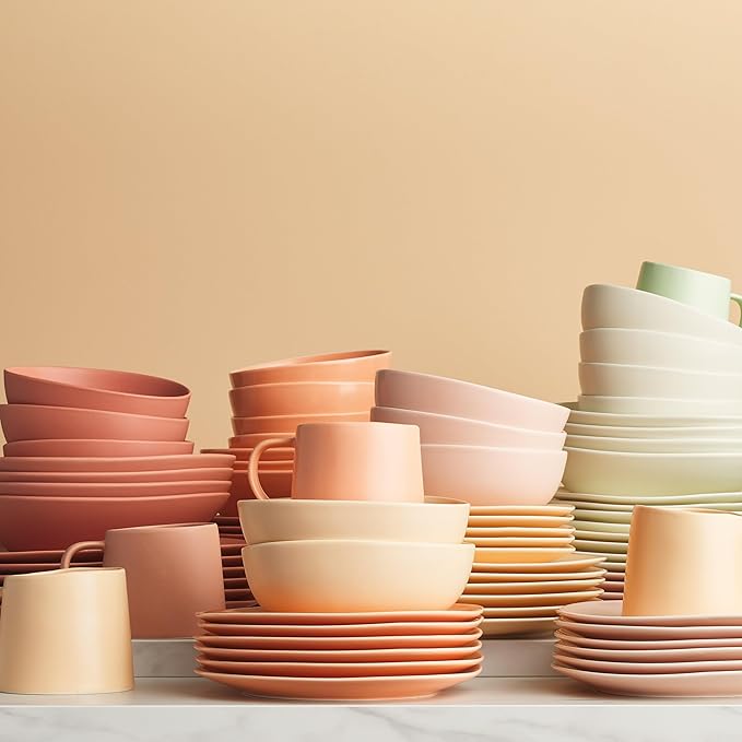 Stone Lain Delilah 8-inch Bowl 6-Piece Dish Set, Porcelain, Peach