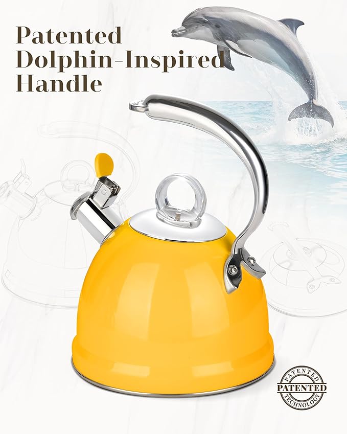 Harriet Tea Kettle Stovetop, 2.5 QT Whistling Stainless Steel Teapot, 3-Layer Base, Unique Ergonomic Handle, Includes Pot Holder & Mat, Electric/Induction/Gas Stovetops Applicable, Yellow