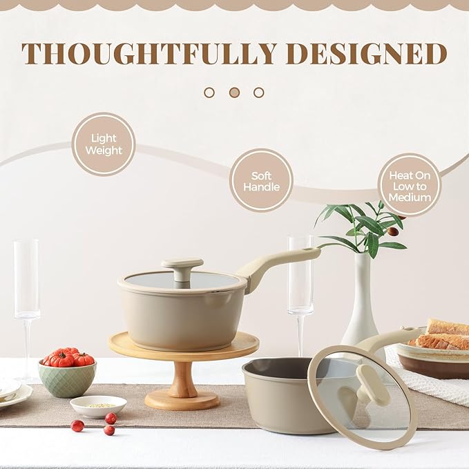 Nonstick Saucepan Set with Lids, 2QT and 2.7QT Ceramic Sauce Pan Set, Non Toxic Sauce Pots with Pour Spouts for Multipurpose Use, PTFE, PFOA & PFAS Free, Induction Compatible, Apricot