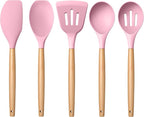 E-far Silicone Cooking Utensils Set, 5-Piece Kitchen Utensils Set with Wooden Handle for Cooking, Silicone Kitchen Nonstick Tools Spatula Turner Slotted Spoons, Nontoxic & Heat Resistant-Pink