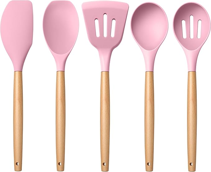 E-far Silicone Cooking Utensils Set, 5-Piece Kitchen Utensils Set with Wooden Handle for Cooking, Silicone Kitchen Nonstick Tools Spatula Turner Slotted Spoons, Nontoxic & Heat Resistant-Pink