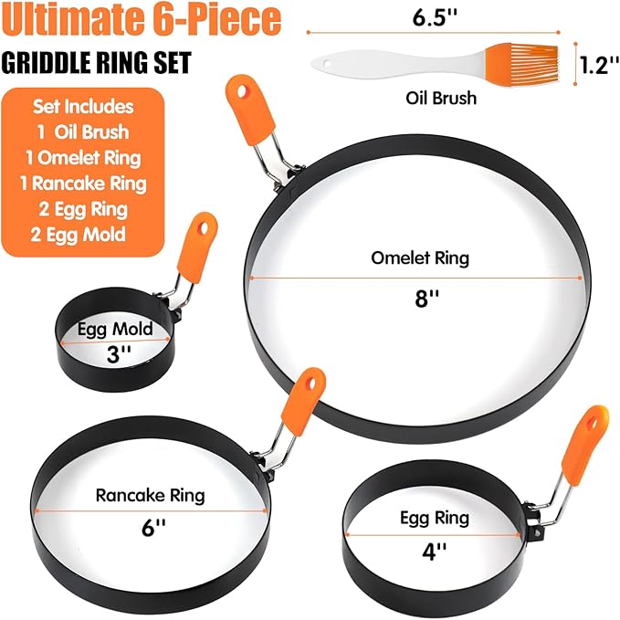 6 Packs Professional Pancake Ring Set,3" Omelette Ring,4" Non-stick Griddle Pancake Shapers with Oil Brush,6" Stainless Fried Egg Molds with Orange Anti-scald Silicone Handle,8" Pancake Molds