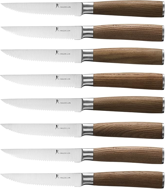 Natura Series 4.5” Serrated Steak Knife Set of 8, High Carbon Stainless Steel, Wooden Handle