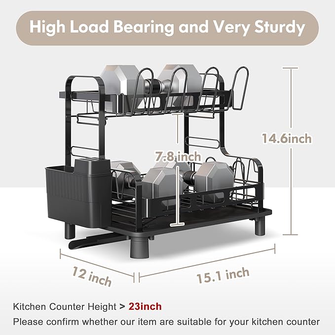 BOOSINY Dish Drying Rack, 2 Tier Large Stainless Steel Black Dish Rack for Kitchen Counter, Drying Rack with Cups Holder, Utensil Holder and Drainboard Set, Dish Strainer Shelf for Kitchen