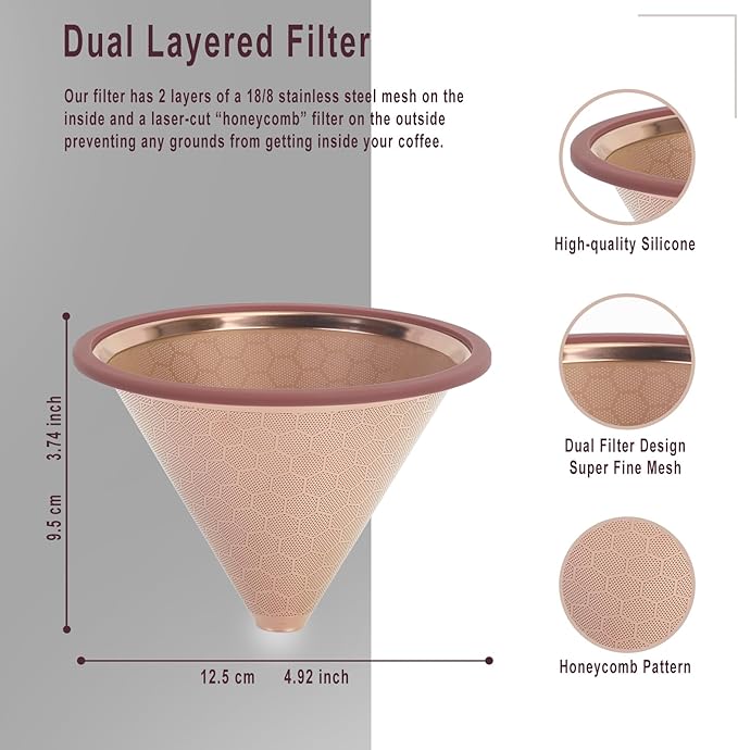 Compatible for Hario V60 & Chemex Pour Over Coffee Filters -MISETTO Reusable Stainless Steel - Best Coffee Maker and Bar Accessories (Copper)