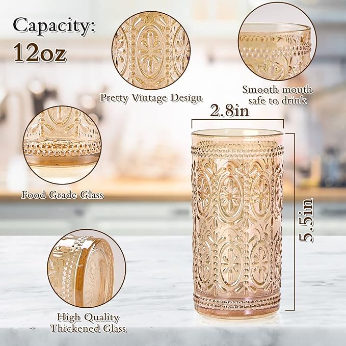 Amber Glassware set of 4 Vintage Drinking Glasses, 12oz Amber Heavy Duty Glass Cups, Old Fashioned Glass, Highball Glasses Set for Party Wedding Home Office Glassesware Gift