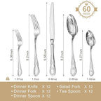KINGSTONE Vintage Silverware Set, 60-Piece 18/10 Stainless Steel Silverware Set for 12 with Floral Handles, Design Mirror Polished, Utensil Sets for Home Restaurant Wedding，Dishwasher Safe