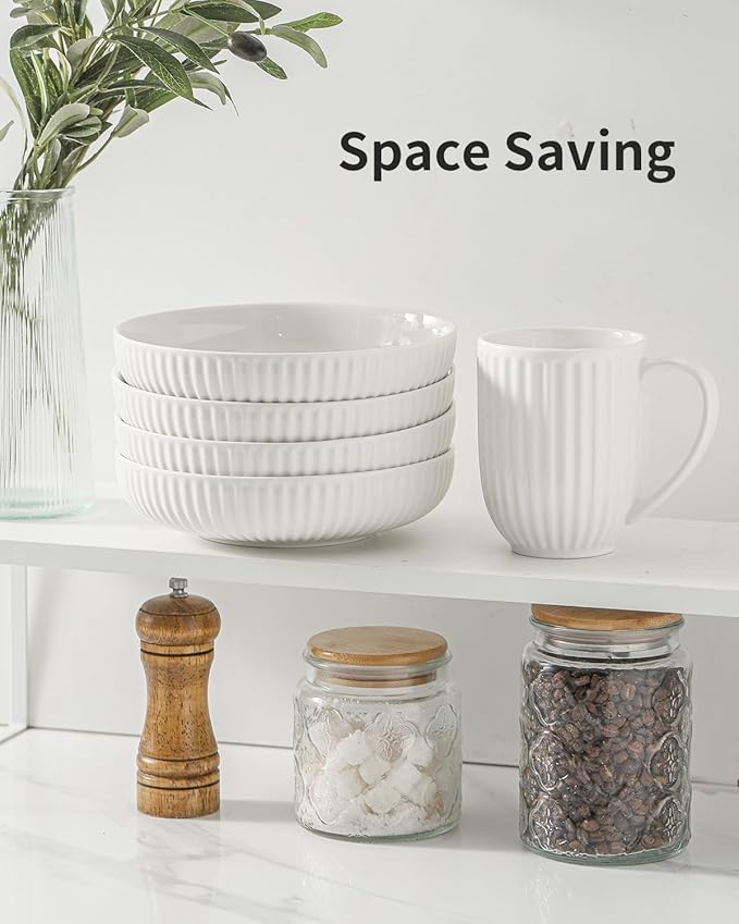 Hasense 8 Inch Pasta Bowls, 30 oz Ceramic Dinner Bowls Set of 4, Bowl Plates for Kitchen, Salad, Large Serving Bowl for Wedding & Housewarming Gift, Modern Bowls Microwave & Dishwasher Safe, White