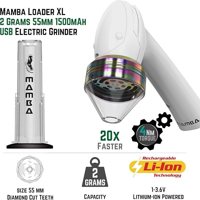 Mamba Loader XL 2g White USB Electric Herb Grinder. Small Portable Metal Herbal Machine & Spice Mill for the Kitchen