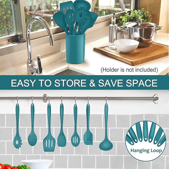 P&P CHEF Silicone Cooking Utensils Set of 7, Heat-proof Kitchen Utensils Set for Nonstick Cookware, Non-stick Spatula, Slotted Turner, Soup Ladle, Pasta Server, Spoon for Cooking Serving - Blue