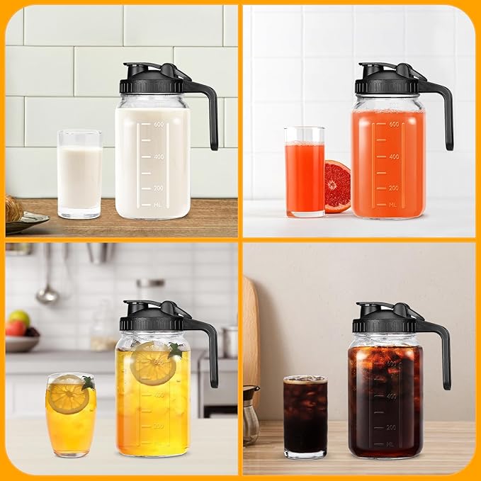 32 OZ Mason Jars with Lid, Glass Pitcher Double Leak Proof with Pour Spout Handle, 2 Quart Wide Mouth Breast Milk Pitcher for Fridge, Creamer Container for Coffee, Sun Tea(Black,1 Pack)