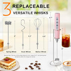 YUSWKO Pink Handheld Milk Frother Wand with Stand for Coffee, Rechargeable Electric Whisk with 3 Heads 3 Speeds Drink Mixer Coffee Frother For Latte, Cappuccino, Hot Chocolate, Egg